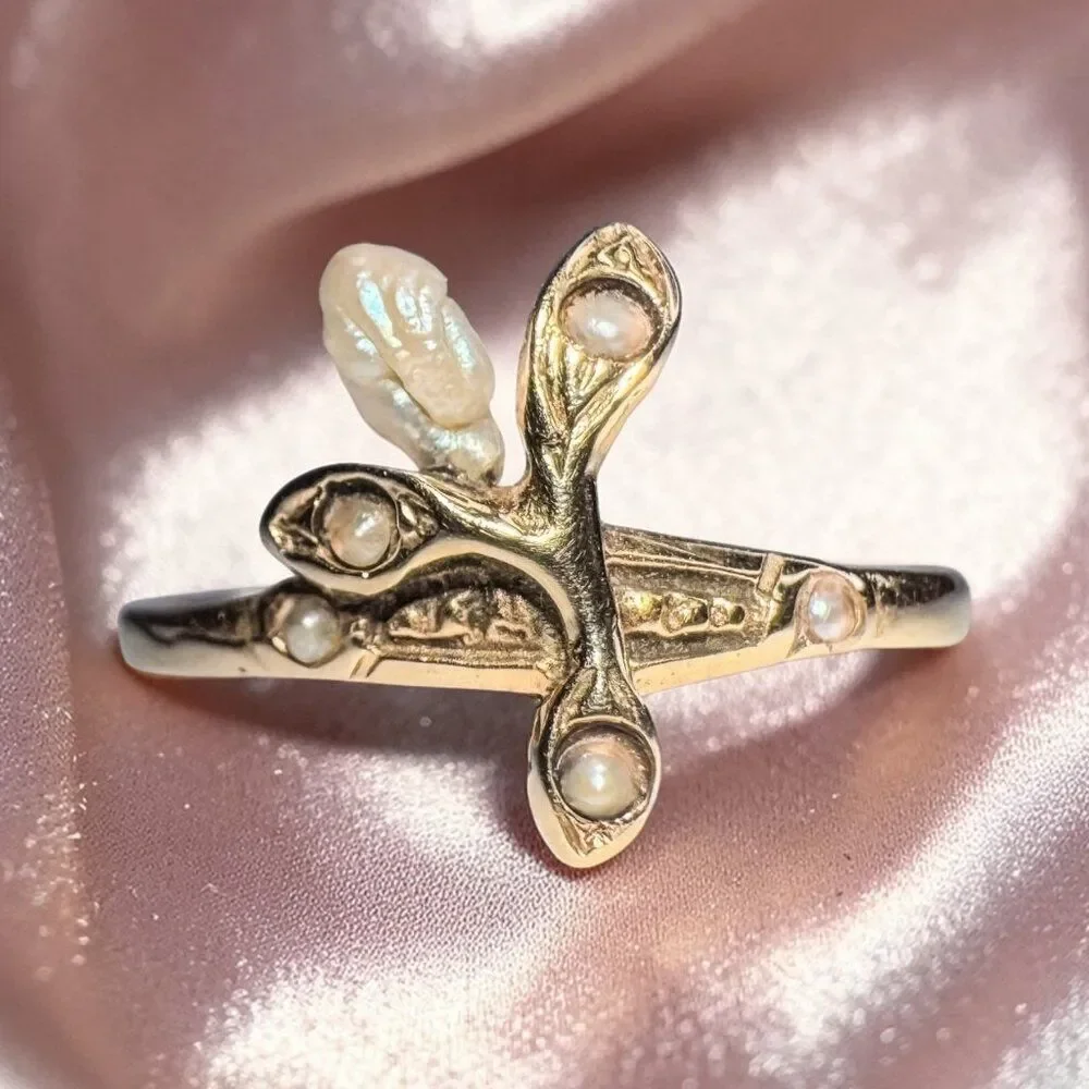 ANTIQUE- Art Nouveau - 14K Gold- Baroque Pearl & Seed Pearl Ring -Size 6.5 -1.2g - Picture 1 of 17